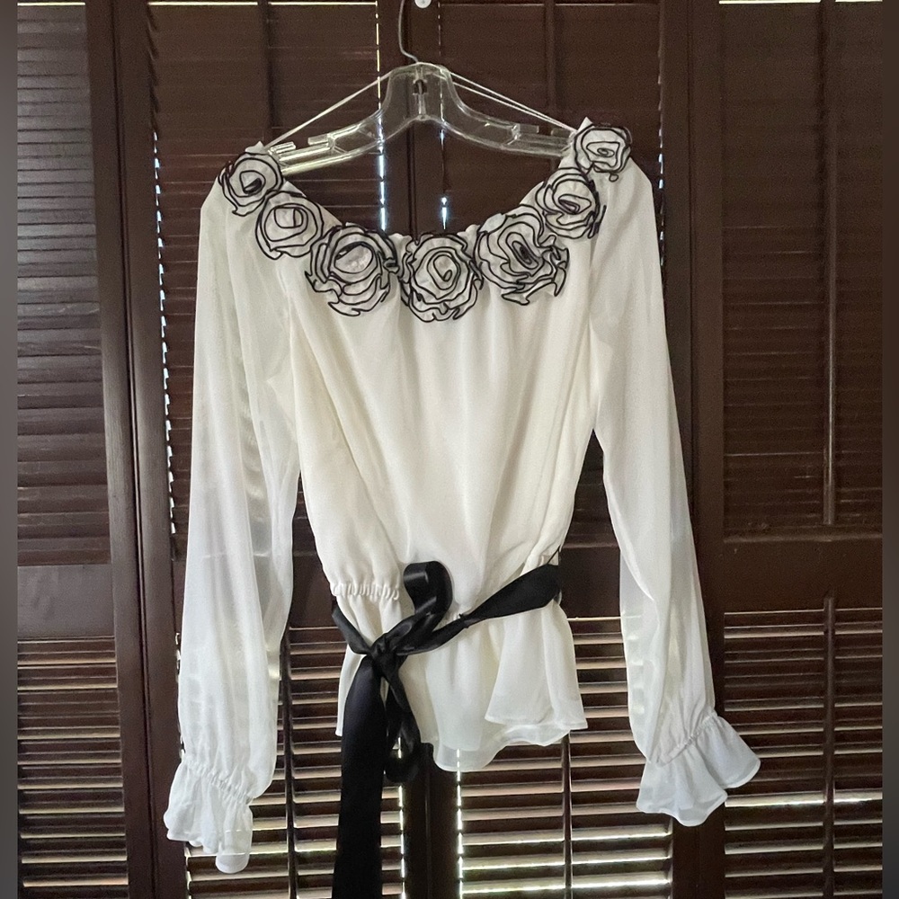 Vintage Victor Costa White Sheer Long-Sleeve‎ Blouse Black Floral Trim Waist Tie